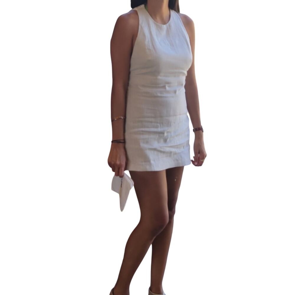 Minimalist Zara Crochet Lace Back Linen Sleeveless Shift Dress in Beige Size: M
